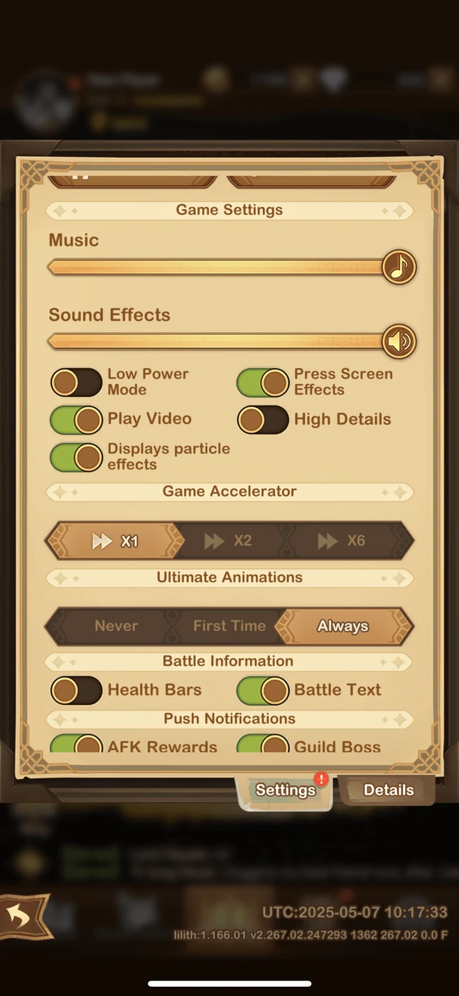 AFK Arena Settings reference