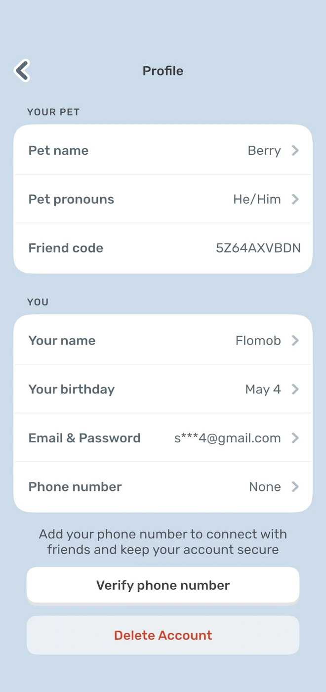 Finch: Self-Care Pet Menu reference