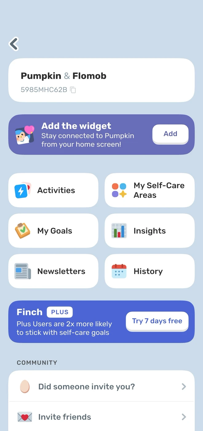 Finch: Self-Care Pet screen reference
