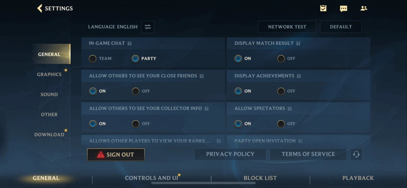 League of Legends: Wild Rift Settings reference