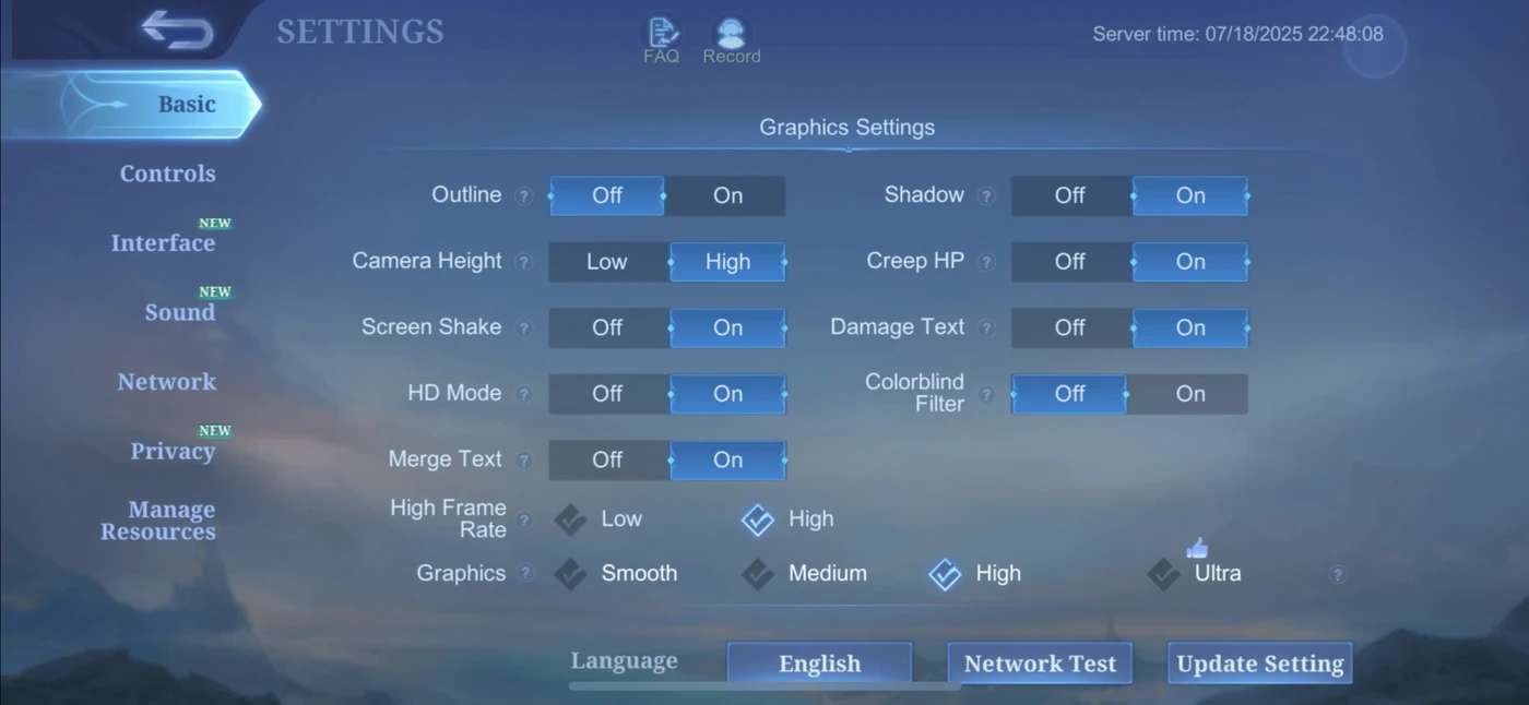Mobile Legends: Bang Bang Settings reference